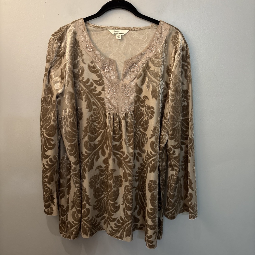 Krazy Kat Velvet Burnout Blouse Women's‎ 2XL Tan Floral Embroidered Rhinestones